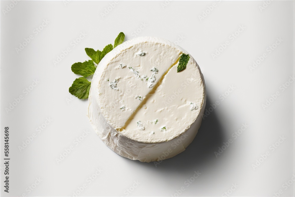 Poster a piece of cheese with a green leaf on top of it on a white tablecloth with a white background and a