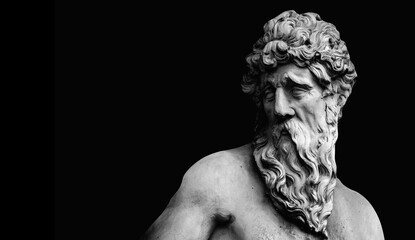 Ancient stone statue of Hercules against black background. Power, strength and courage concept. Black and white image. Copy space for text.