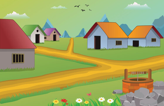 Cartoon village scene vector illustration with old houses.