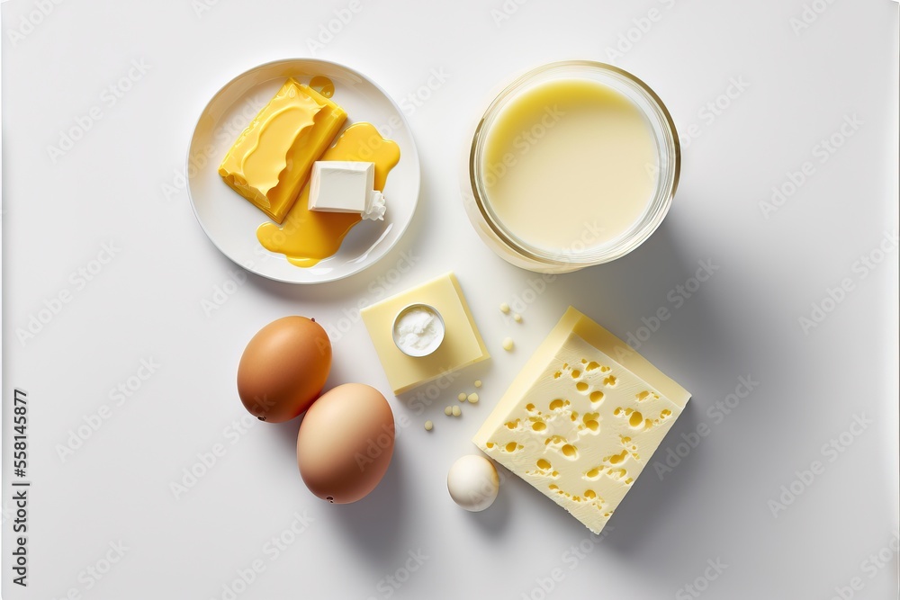 Poster a white table topped with eggs, cheese and butter next to a cup of milk and a plate of cheese on a w
