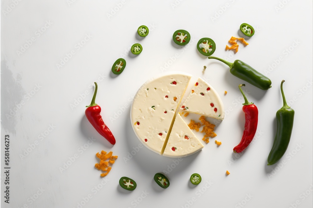 Poster a piece of cheese with a slice cut out of it surrounded by chili peppers and peppers on a white surf