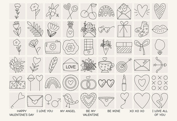 Set of icons, elements for Valentine's day, declarations of love and wedding doodles. Design for prints, postcards and coloring books. Black line.