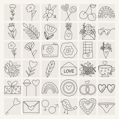 Set of icons, elements for Valentine's day, declarations of love and wedding doodles. Hearts, flowers, mug, glasses, panties. Black line.