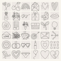 Set of icons, elements for Valentine's day, declarations of love and wedding doodles. Hearts, cherry, gift, chocolate. Black line.