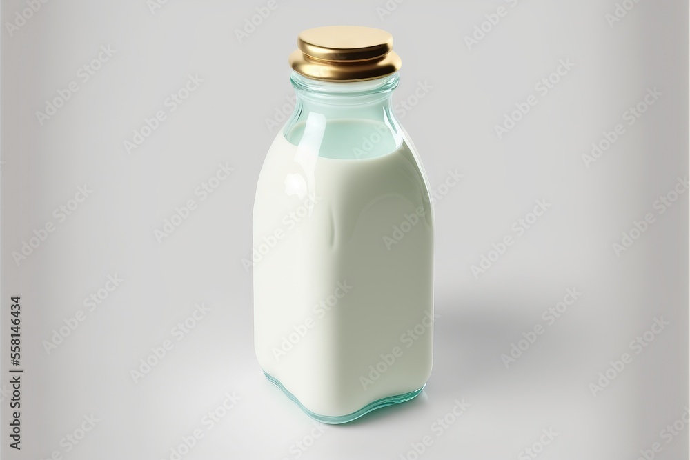 Poster a bottle of milk with a gold cap on a white background with a shadow of the bottle and a shadow of t