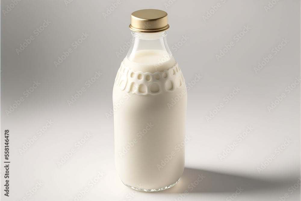 Aufkleber a bottle of milk with a gold cap on a white background with a shadow of the bottle on the floor and 