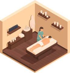 isometric equipped massage room with masseur and client vector illustration