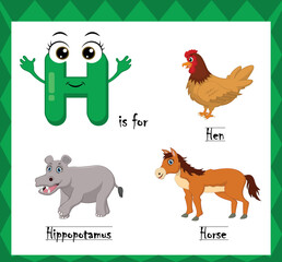 Fototapeta na wymiar Letter h vector, alphabet h for hen, hippo, horse animals, english alphabets learn concept.