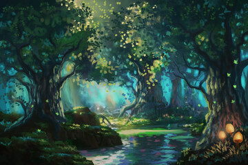 Fairy fantasy forest landscape digital painting