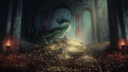 Green dragon treasure fantasy digital painting © Andres