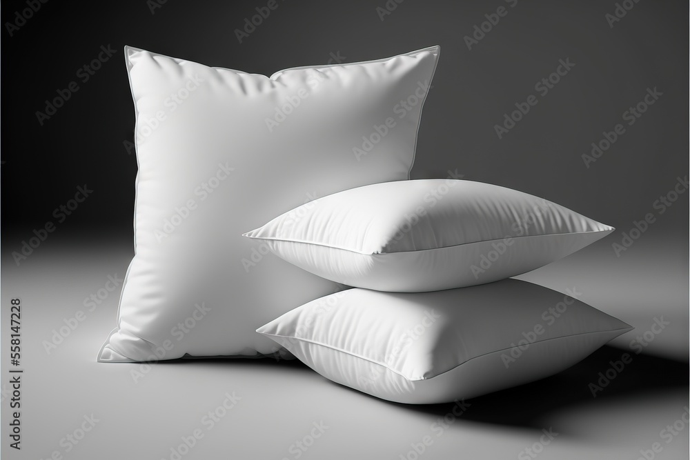 Poster three pillows stacked on top of each other on a gray background with a black background behind them 