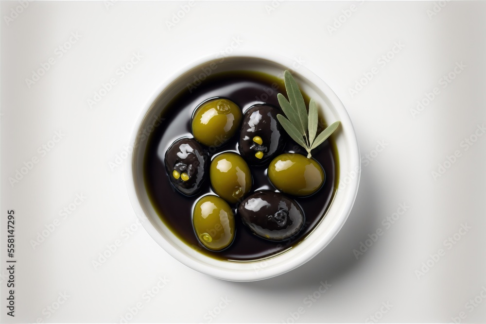 Aufkleber a white bowl filled with olives and a green sprig on top of a white tablecloth with a white backgrou