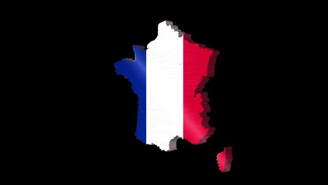 3D animation of France map rotating, isolated by alpha channel (transparent background). France concept. French flag.Travel to France