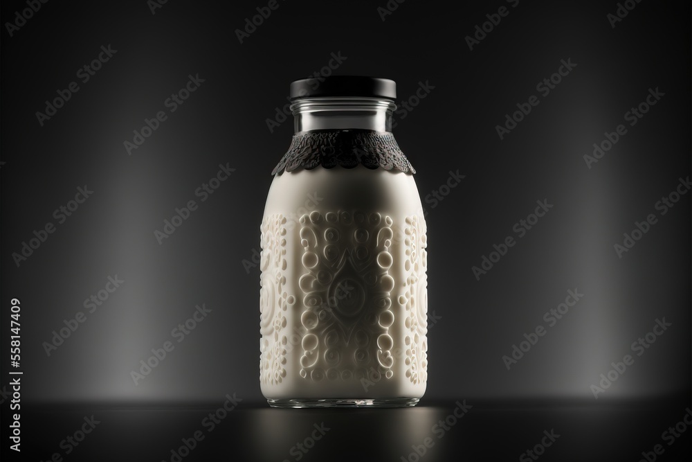 Poster a glass jar with a black lid on a black surface with light coming in from the top of the jar and a b