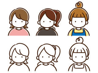 カジュアルで若い女性たちのシンプルな上半身イラストモノトーンカラーセット