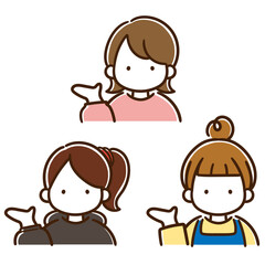 右側を示して案内するシンプルおしゃれな女の子たちの線画イラストセット