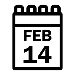 Simple black calendar icon with 14 february date on white