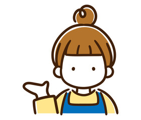 左側を示して案内するおしゃれなお団子頭の若い女性の上半身イラスト