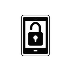 Locked mobile phone icon in black flat glyph, filled style isolated on white background