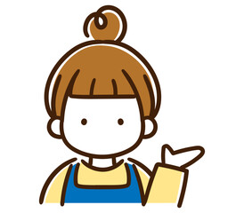 右側を示して案内するおしゃれなお団子頭の若い女性の上半身イラスト
