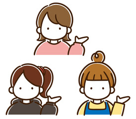 右側を示して案内をする若い女性たちのシンプルな上半身イラストセット