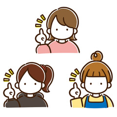 人差し指を立ててポイントを説明するシンプルおしゃれな女の子の線画イラストセット