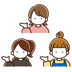 右側を示して案内するシンプルおしゃれな女の子たちの線画イラストセット