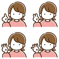 １２３４の指ポーズをするボブヘアの女性のシンプルな上半身イラストセット