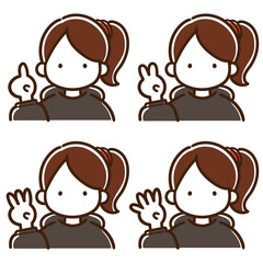１２３４の指ポーズをするポニーテールの女性のシンプルな上半身イラストセット