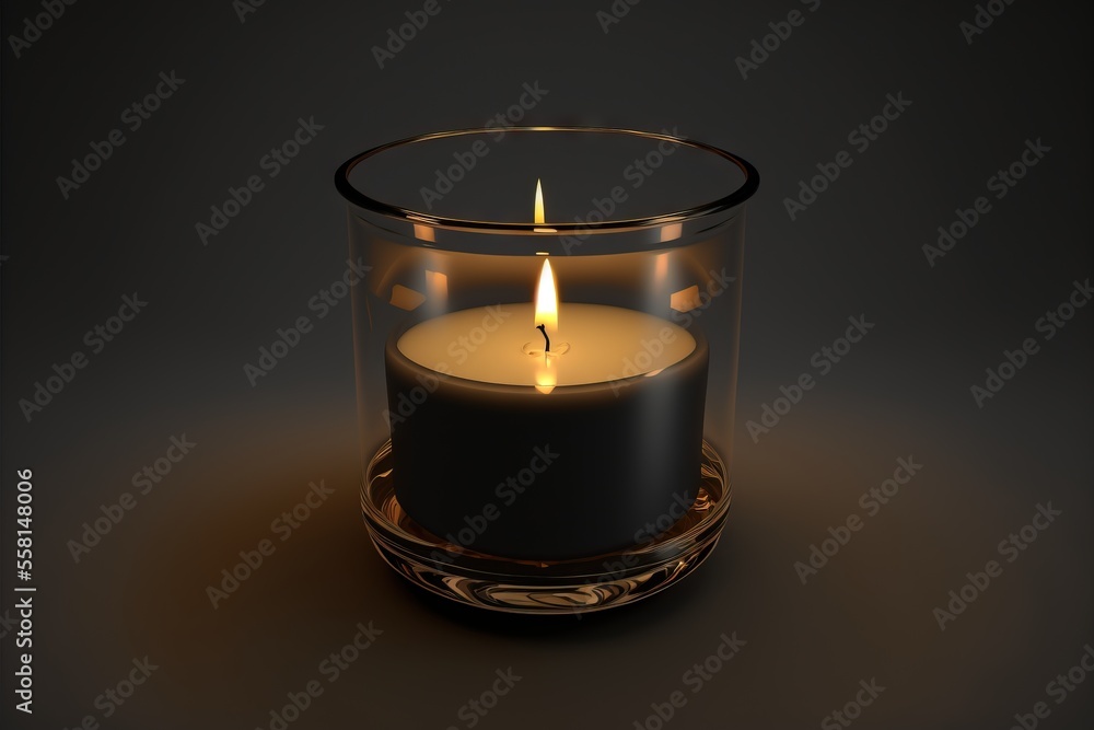 Poster a lit candle in a glass container on a dark background with a reflection of the candle in the glass 