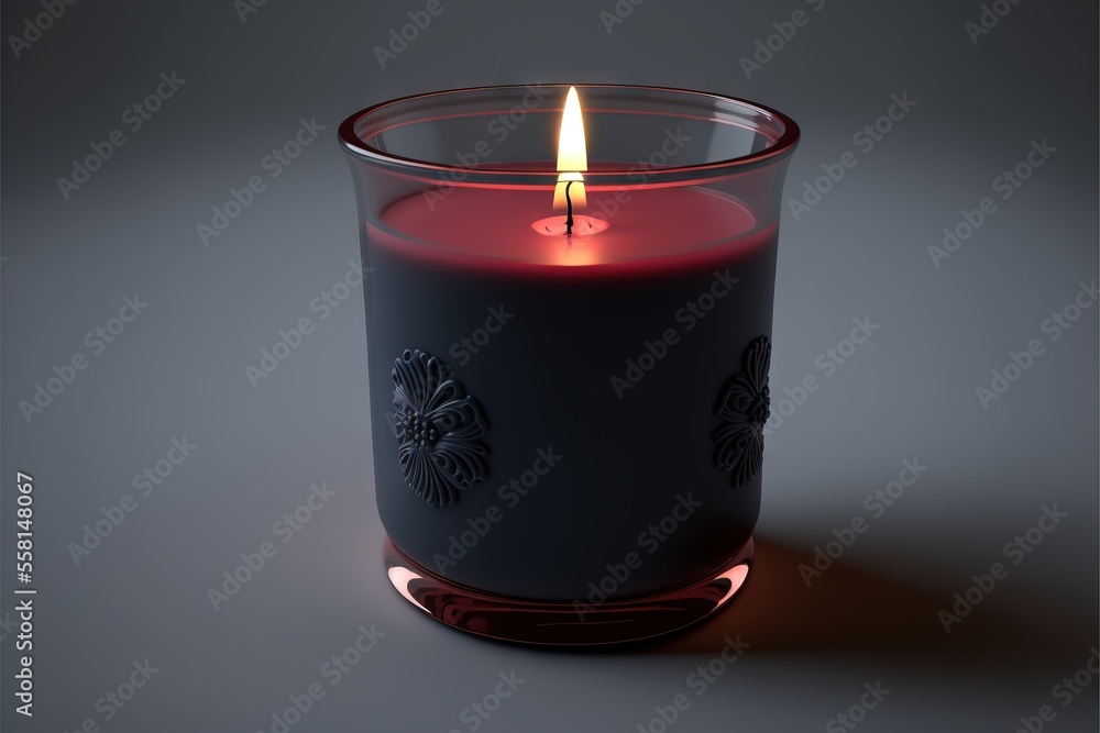 Poster a lit candle sitting on top of a table next to a gray background with a red light in the middle of t
