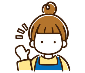 右手を挙げて挨拶をするおしゃれなお団子頭の女性の上半身イラスト