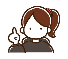 指で1を表すカジュアルなポニーテールの女性の上半身イラスト