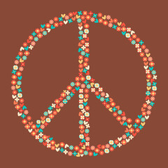 Icon, sticker in hippie style with Peace sign and flowers on beige background. Retro style.