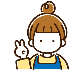 指で2を表すおしゃれなお団子頭の女性の上半身イラスト