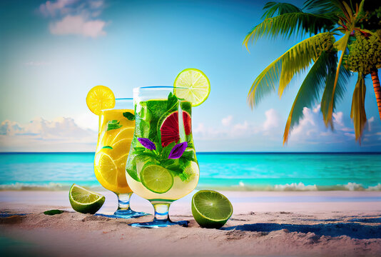 Summer set of coctails drinks by the tropical sea