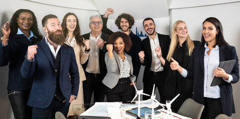 Horizontal banner with multiethnic joyful business people looking at camera inside corporate office...