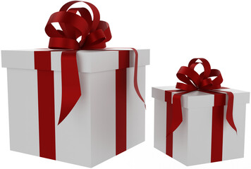 3d rendered white gift boxes with red ribbons and bows. Isolated on a white background.
