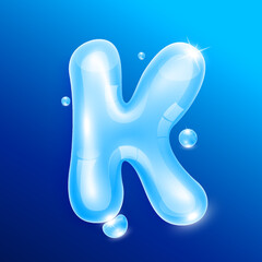 Water alphabet letter K. Font type uppercase letters isolated on blue background. Used for graphic design work. 3D Vector EPS10 illustration.