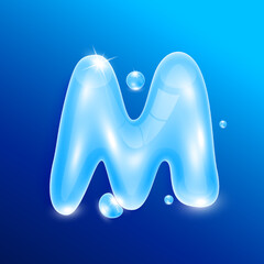 Water alphabet letter M. Font type uppercase letters isolated on blue background. Used for graphic design work. 3D Vector EPS10 illustration.