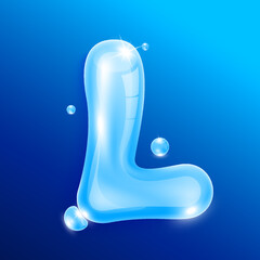 Water alphabet letter L. Font type uppercase letters isolated on blue background. Used for graphic design work. 3D Vector EPS10 illustration.