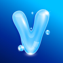 Water alphabet letter V. Font type uppercase letters isolated on blue background. Used for graphic design work. 3D Vector EPS10 illustration.