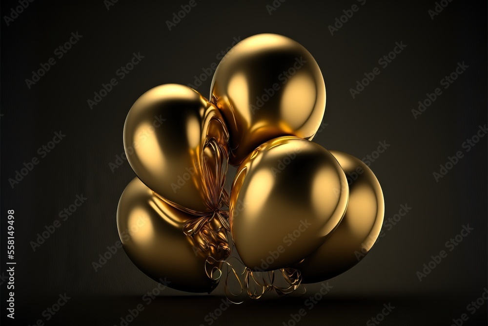 Poster a bunch of gold balloons floating on top of a black background with a black background behind it and