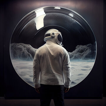Picture of astronaut - man or woman in helmet, in front of iluminator
