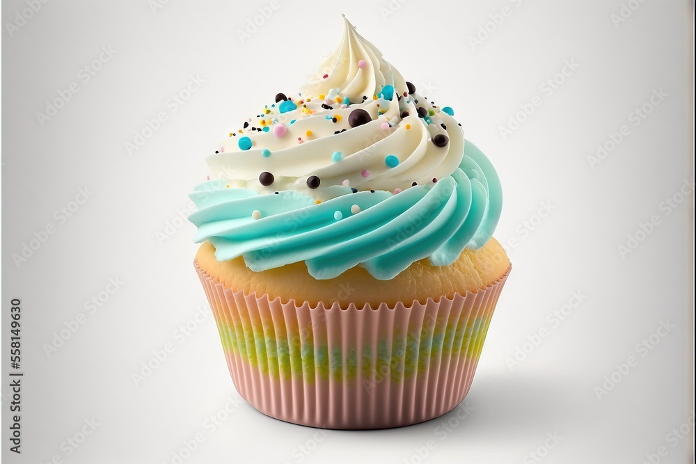 Poster a cupcake with white frosting and sprinkles on it's top is shown on a white background with a black 