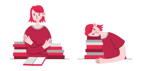 Set bored tired student sitting. Sad depressed high school girl feeling boredom. Unhappy fatigue teen pupil with books. Color 2023 viva magenta.