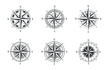 Set of  various vintage marine compasses. Different vintage compass collection. Vector stock