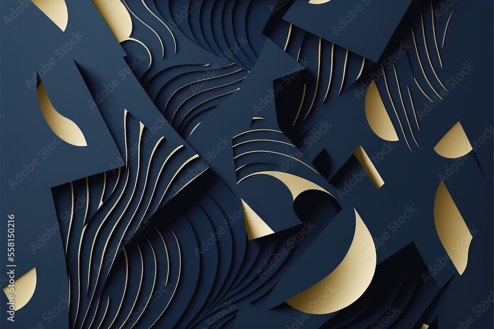 Poster a blue and gold abstract background with curves and curves in the center of the image, with a black 