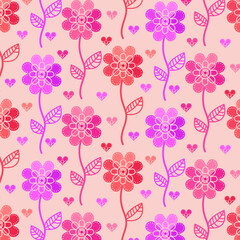 Seamless pattern with pink flowers and hearts and small dots isolated on pink. childish background