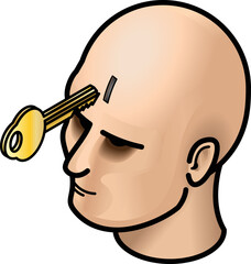 Man's head with a key and keyhole.
